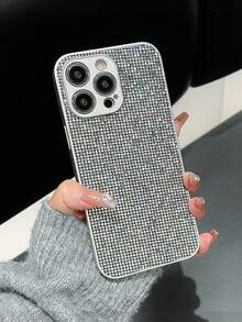 純色鑲鑽裝飾防震手機殼，適用於iPhone 14 - 銀色 - 查看 1