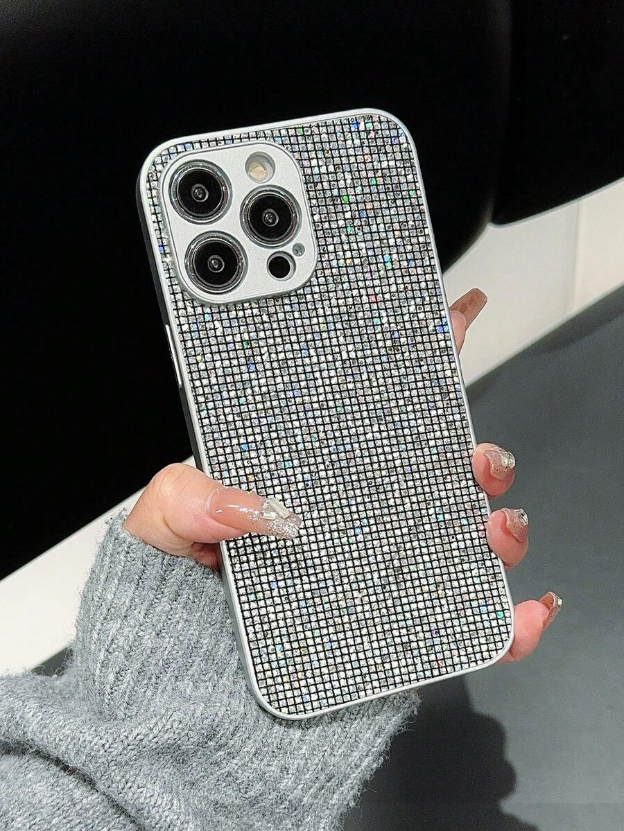 純色鑲鑽裝飾防震手機殼，適用於iPhone 14 - 銀色 - 查看 1