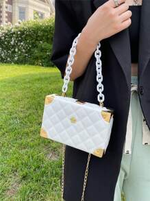 1pc Solid Color PU Leather Quilted Handbag, Women Small Square Bag, Clutch Wallet With Metal Lock Chain, Shoulder Bag, Hard Case Box, Suitable As Gift