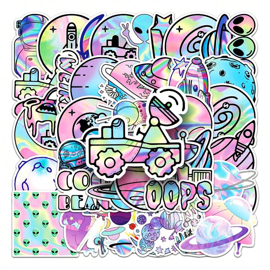 50pcs Holographic Laser Outer Space Luggage Skateboard Laptop Tablet Diy Cartoon Decoration Stickers - Multicolor - View 1