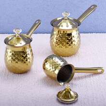 1 件金色不锈钢长柄咖啡壶（带盖）咖啡壶、不锈钢意式浓缩咖啡醒酒器、暖奶壶、希腊阿拉伯咖啡壶、带手柄和盖子的完美咖啡机、金色“回到学校” - 金色 - 查看 4