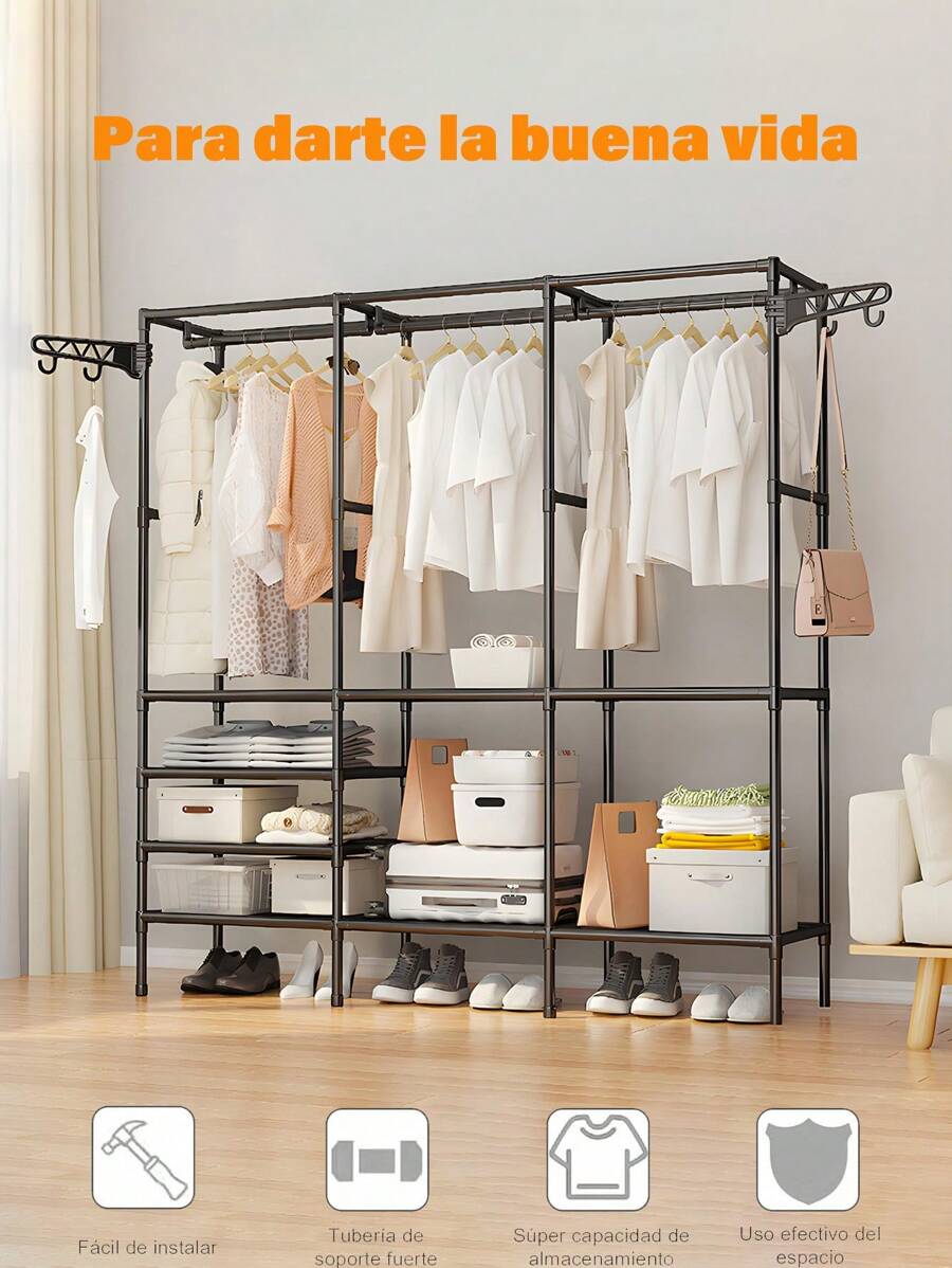 Simple Clothes Rack, Multifunction Clothes Organizer, Buildable Closet Wardrobe, Metal Closet Includes Four Floors Of Storage Space, Can Store Clothes, Hat, Shoe - الأسود - مشاهدة 1