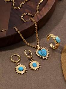 3 Pieces Blue Turquoise Women's Jewelry Set With Rings Earrings Necklace - 3 Piece Blue Turquoise Jewelry Set - View 2