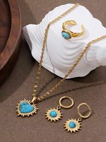 3 Pieces Blue Turquoise Women's Jewelry Set With Rings Earrings Necklace - 3 Piece Blue Turquoise Jewelry Set - View 1