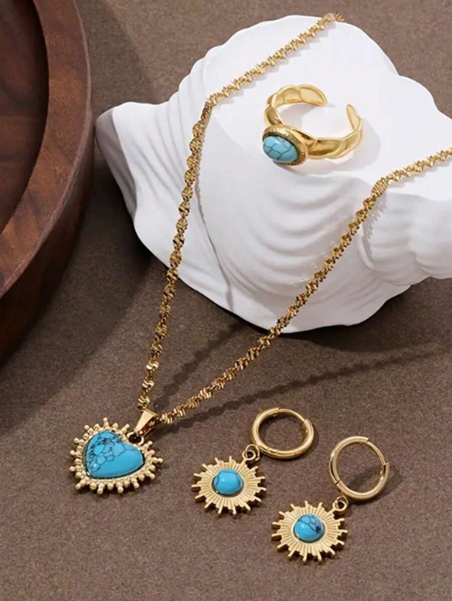 3 Pieces Blue Turquoise Women's Jewelry Set With Rings Earrings Necklace - 3 Piece Blue Turquoise Jewelry Set - View 1