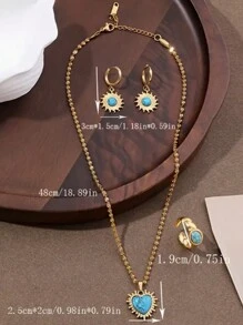 3 Pieces Blue Turquoise Women's Jewelry Set With Rings Earrings Necklace - 3 Piece Blue Turquoise Jewelry Set - View 3
