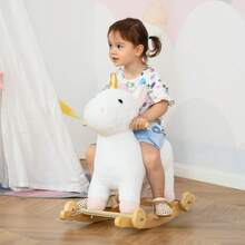 Cavallo a Dondolo 2 in 1 a Unicorno con Base Curva e Ruote, Suoni Integrati e Rivestimento Peluche, 63x38x63cm, Bianco - Bianco - Visualizzare 2