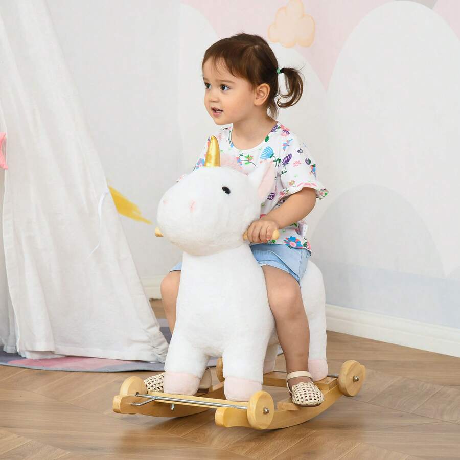 Cavallo a Dondolo 2 in 1 a Unicorno con Base Curva e Ruote, Suoni Integrati e Rivestimento Peluche, 63x38x63cm, Bianco