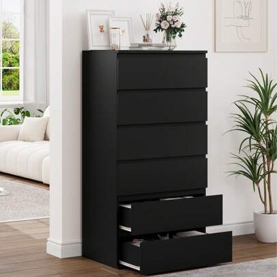 Furchen ladekast voor slaapkamer, wit nachtkastje met 6 laden, modern houten ontwerp, multifunctioneel meubilair voor hal, slaapkamer, woonkamer 60x40x118,5cm Verzonden in 2 Pakketten