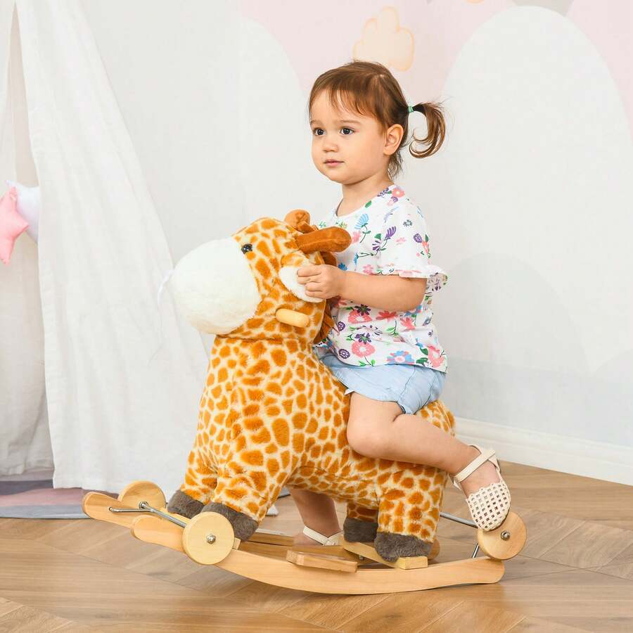 Cavallo a Dondolo per Bambini a Giraffa con Ruote e Suoni, Gioco Cavalcabile per Bambini 3-6 Anni in Peluche e Legno, 63x38x63cm, Giallo - Giallo - Visualizzare 1