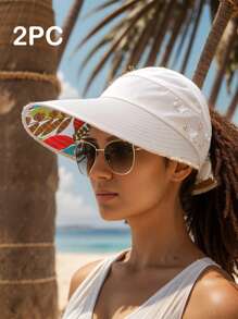 1 pezzo Nuovo cappello da secchio alla moda per donne, da viaggio e all aperto, con protezione solare, a tesa larga e pieghevole, con foro per la coda di cavallo, decorato con perle finte e motivo a foglie, adatto per uso casual quotidiano
