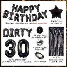 44 piezas Decoraciones de 30th cumpleaños temática negro, Globo de aluminio 'Dirty 30' y decoraciones para tarta, Pancarta 'Feliz Cumpleaños', Globo de confeti de estrellas negras, Cortina de flecos de aluminio para fiesta de 30 cumpleaños de hombres y mujeres, Suministros para fiesta - Negro - Ver 2