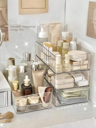 3pcs/1pc Transparent Cosmetics Storage Box, Desktop Storage Rack, Dressing Table Organizer, Open Stackable Storage Rack, Stackable Vanity Tray, Suitable For Organizing Skincares, Stationery, Miscellaneous, Room Decor, Home Decor, Bathroom Accessories