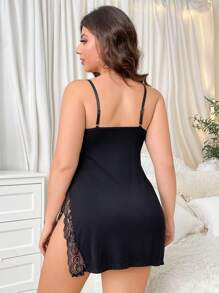 大尺碼蕾絲蝴蝶裝飾側開叉背心連衣裙 - 黑色 - 查看 3