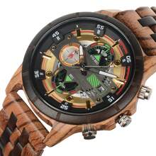 1頂男式大錶盤木製石英手錶,進口時尚多功能斑馬黑檀木錶 - 綠色 - 查看 4
