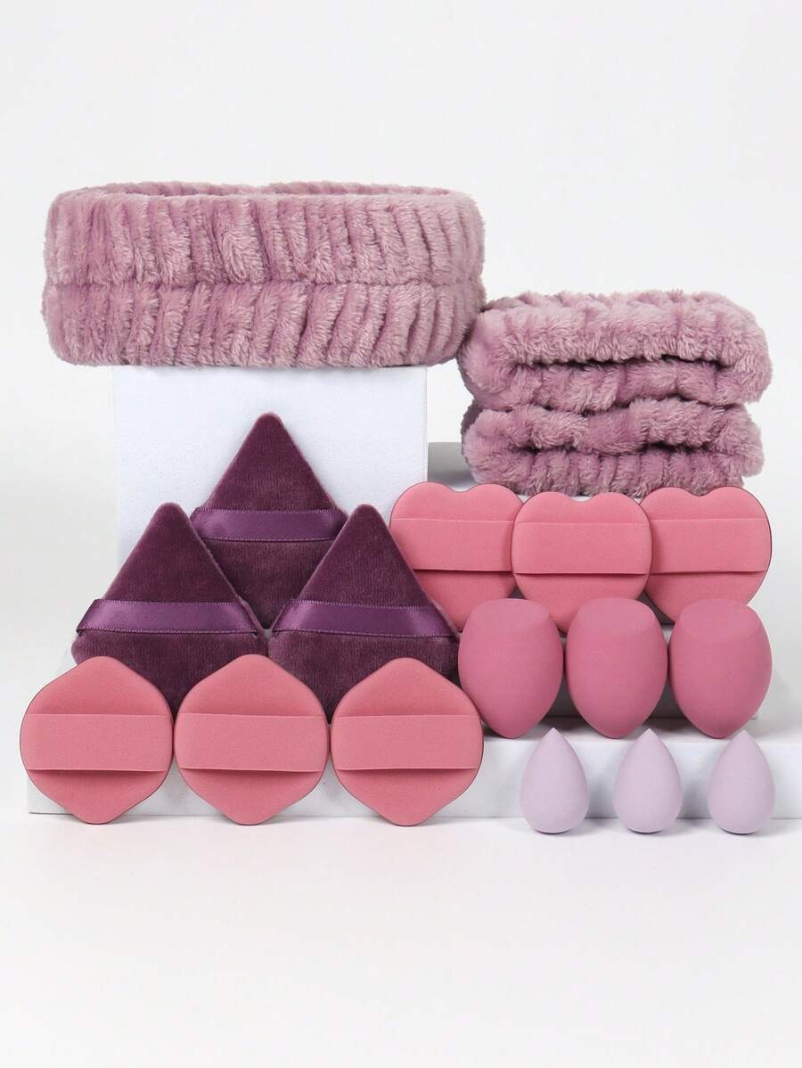 18件套化妆工具套装，包含1个发带、2个腕带、3个化妆海绵、3个迷你化妆海绵、3个三角散粉扑和6个气垫粉扑。粉底美妆蛋，适用于打造无瑕的液体、膏状和粉状妆容，多色可选，不含乳胶，适合所有肤质。赠品、旅行、平价好物、旅行必备 - 彩色 - 查看 1