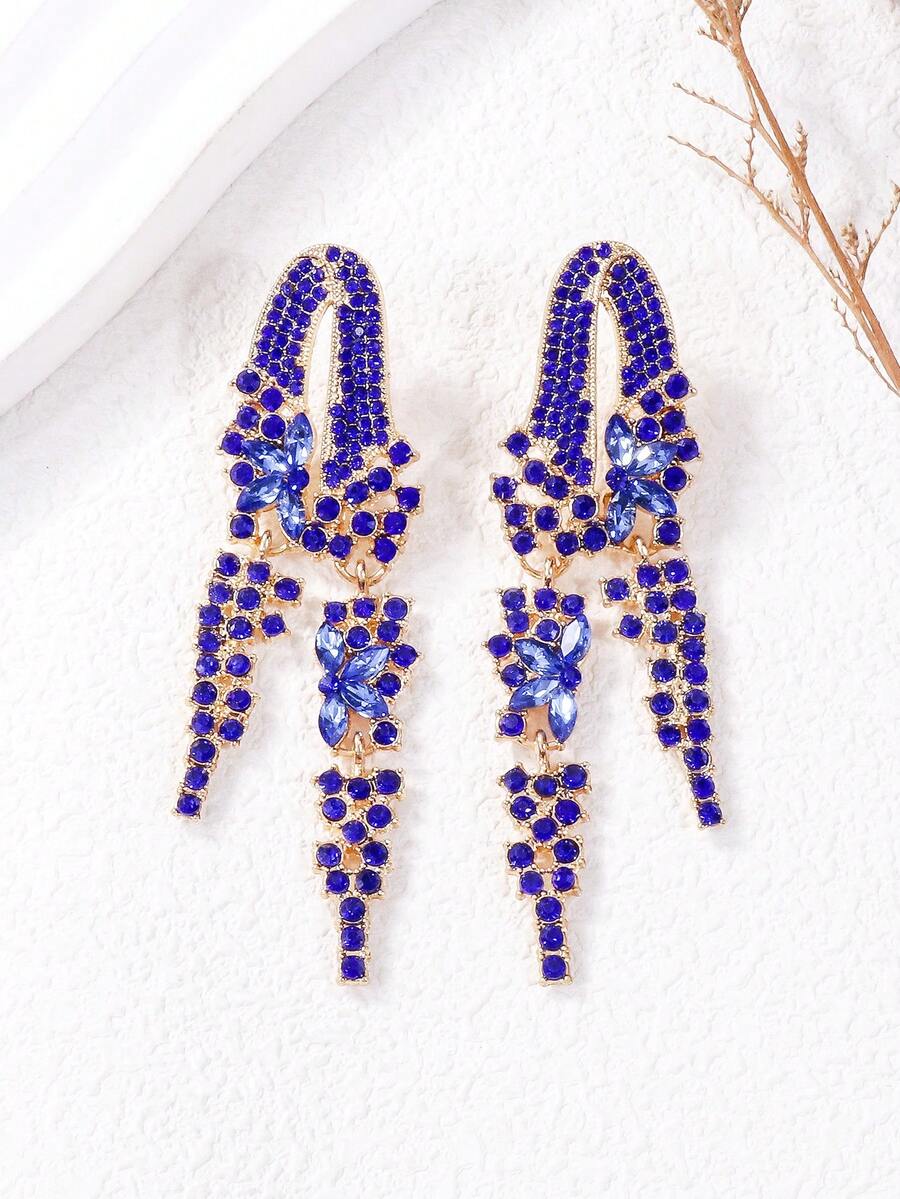 1pair Rhinestone Flower Earrings, Luxury Earrings For Women For Weddings And Parties - Royal Blue - View 1