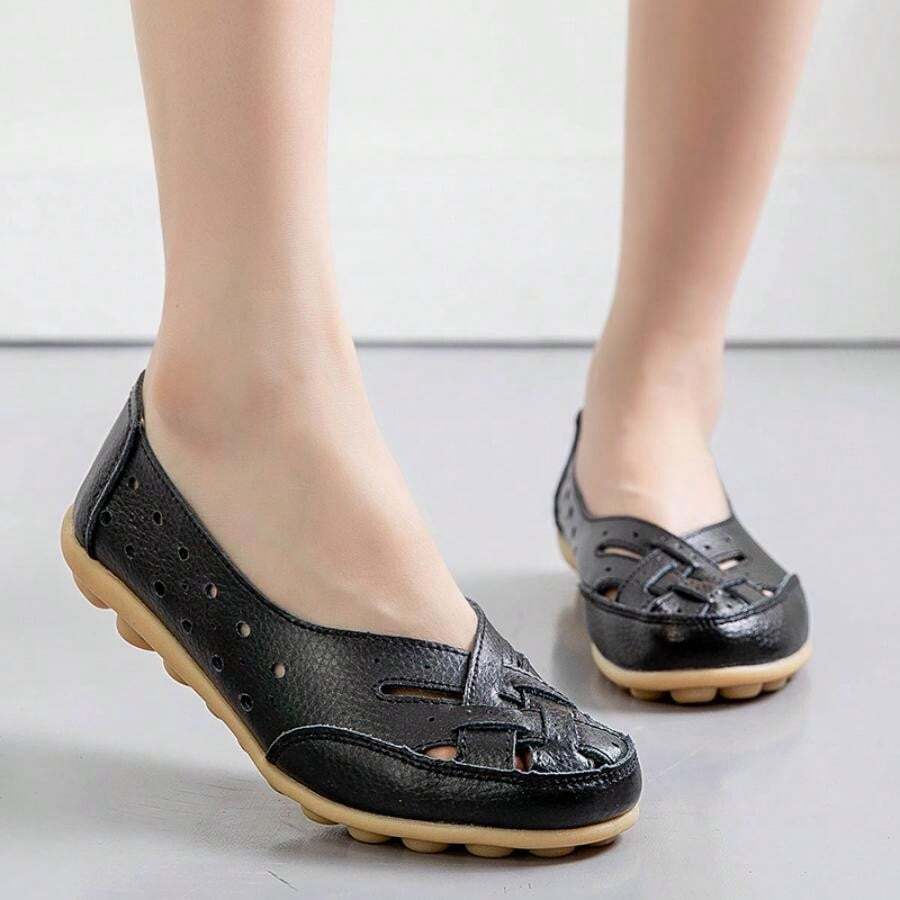 Ladies Hollow Out Flat Shoes, Breathable Solid Color Slip-On Loafers, Casual Everyday Flat Shoes - Black - View 1