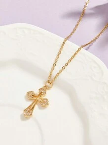 1 Dây chuyền thánh giá bằng thép không gỉ rỗng và mịn Zirconia thời trang, thích hợp để phụ nữ đeo hàng ngày hoặc làm quà tặng - Vàng - Xem 10