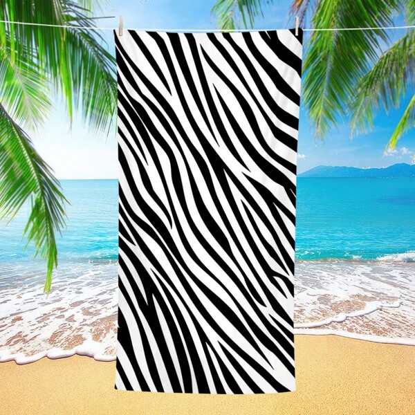 1pc Black & White Zebra Stripe Beach Towel, Microfiber Beach Towel, Xl Beach Towel, Quick Dry Beach Towel, Water Absorbent & Soft Beach Towel, Beach Blanket, Lightweight Towel For Swimming, Workout, Beach Summer Travel, Vacation Holiday Bathroom Decor Beach Essentials