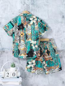 2pcs Set Tween Boy Retro Pattern Retro Print Short Sleeve Polo Shirt And Matching Shorts, Spring/Summer Outfit