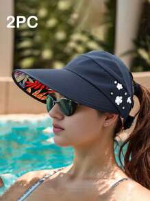 1 pezzo Nuovo cappello da secchio alla moda per donne, da viaggio e all aperto, con protezione solare, a tesa larga e pieghevole, con foro per la coda di cavallo, decorato con perle finte e motivo a foglie, adatto per uso casual quotidiano