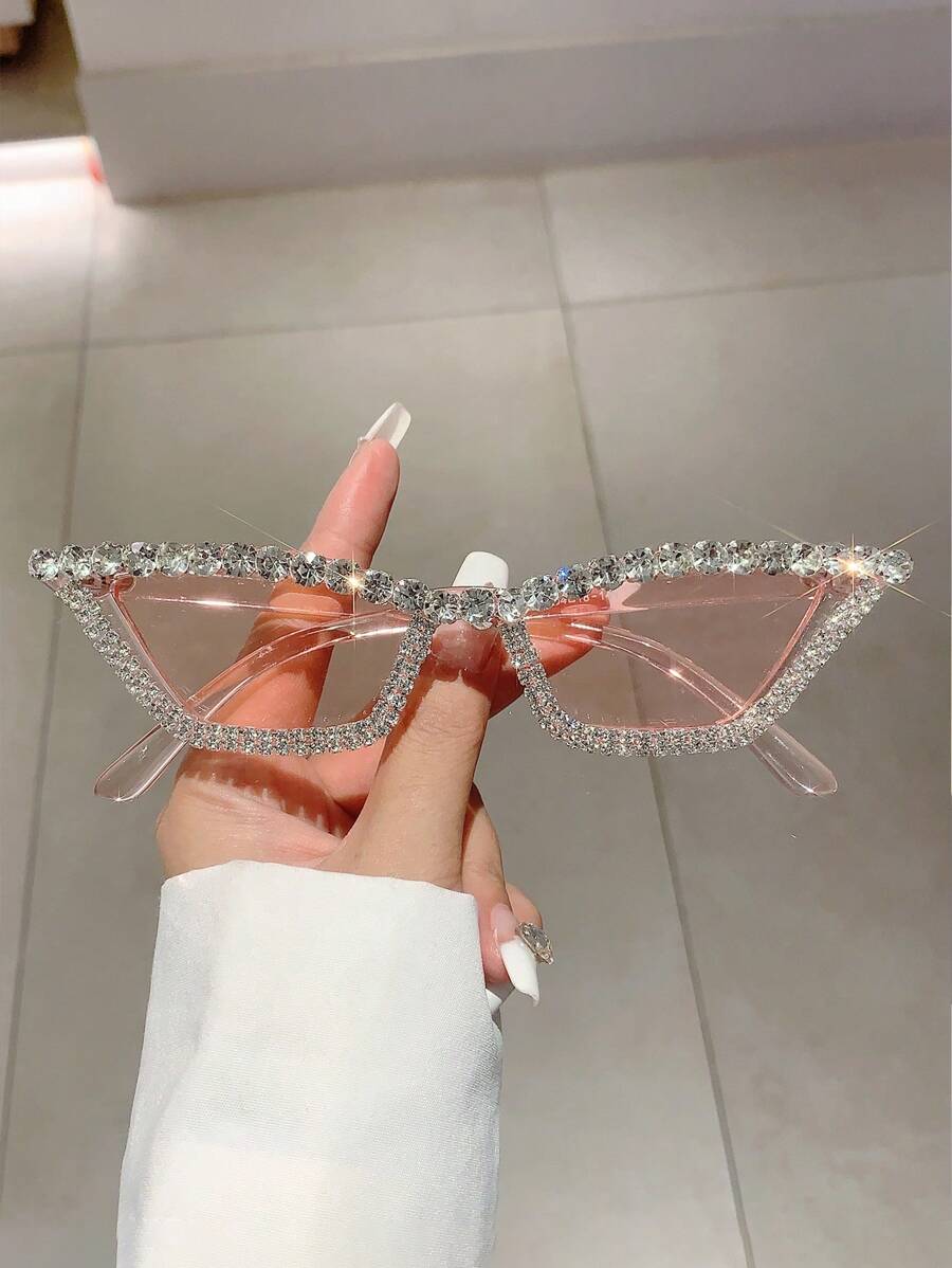 1 件女士新款猫眼时尚眼镜，水钻装饰，高端奢华装饰眼镜皇家色调海滩配饰女士海滩配饰眼镜色调基础款秋冬女士服装商务休闲礼物适合夏季海滩度假、户外、旅行 - 粉色 - 查看 1