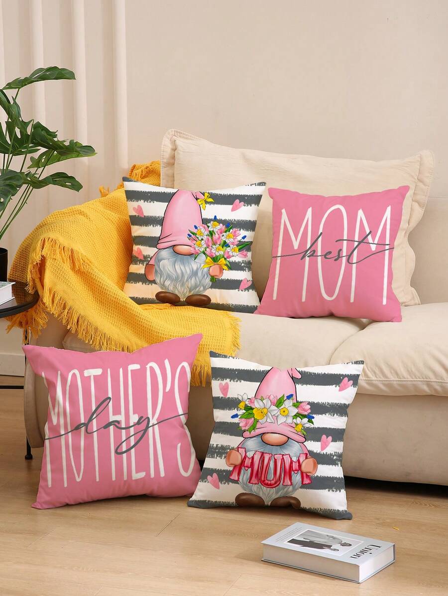 4 Piezas Funda De Almohada De Poliéster Impresa Con Flores Y Letras Para Decoración Del Hogar Para El Día De La Madre, Sin Núcleo De Almohada Incluido, 45 * 45 Cm - Multicolor - Ver 1