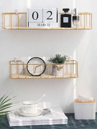 1pc Home Wall-Mounted Storage Shelf Iron Frame With Wooden Board Metal Holder Fall Home Decor  Room Decor