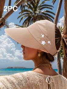 1 pezzo Nuovo cappello da secchio alla moda per donne, da viaggio e all aperto, con protezione solare, a tesa larga e pieghevole, con foro per la coda di cavallo, decorato con perle finte e motivo a foglie, adatto per uso casual quotidiano