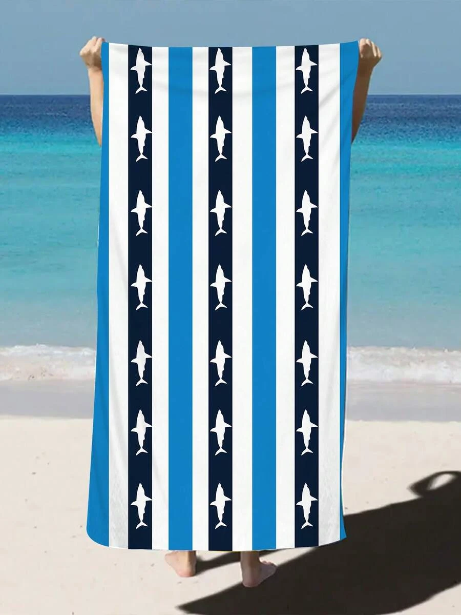 1入線條和鯊魚印花超細纖維沙灘浴巾,多尺寸沙灘毯防曬巾,輕便,適用於游泳,露營,運動,沙灘或健身房,防沙,快乾,柔軟吸水,游泳毛巾,跑步巾,適用於運動,瑜伽,游泳,徒步旅行,洗澡,旅行,泳池 - 彩色 - 查看 1