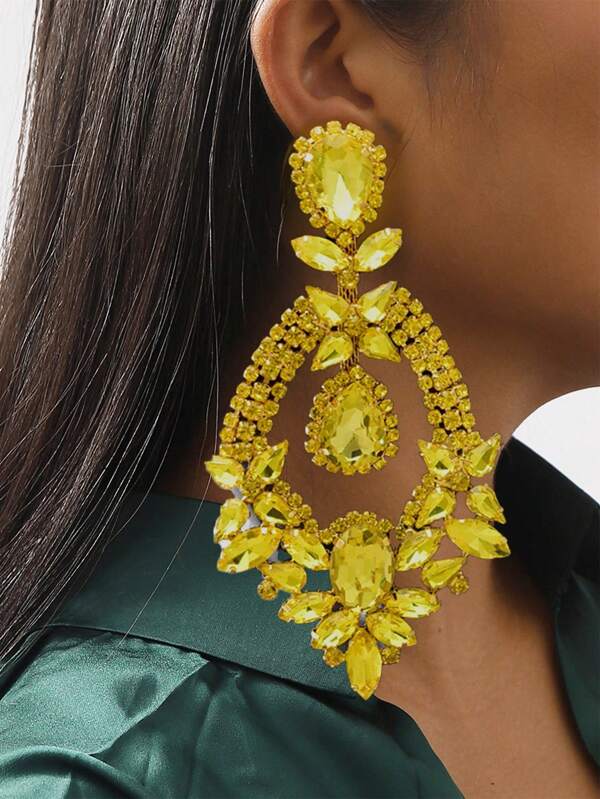 Cuier 1pair 11.5cm Bright Yellow Rhinestone Pendant Earrings For Women, Bridal Stage Oversized Ear Jewelry