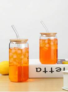 1 pieza de 400/550 ml de vidrio resistente al calor, con tapa, pajita, taza plana, para café, té con leche, jugo, adecuada para uso doméstico o en la oficina