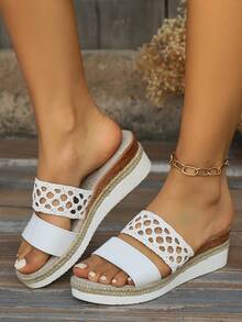 Của phụ nữ Retro Thủ công Bện Kim loại Ruy băng Rơm rạ Edging Dép đi trong nhà Với Bằng gỗ Được Sơn , Hoàn hảo Đối với Giải trí Và Các hoạt động ngoài trời - trắng - Xem 1