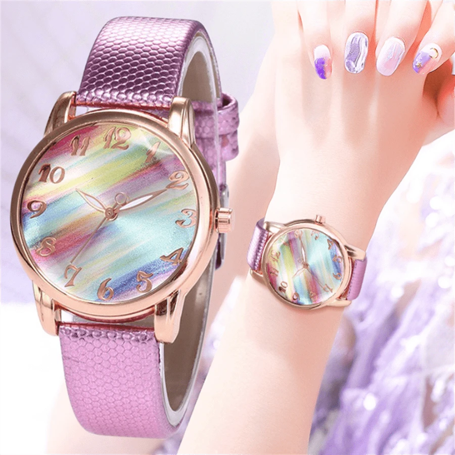 1 件奢华时尚彩虹女士手表女士粉色表盘腕表时钟高贵礼物女士礼物 - 粉色 - 查看 1