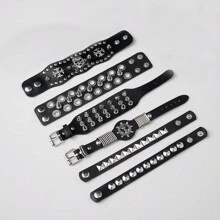 9pcs Punk Style Rivet Skull PU Leather Bracelet, Exaggerated Gothic Dark Rivet Bracelet For Men, Couples, Rock, Students - Black - View 18