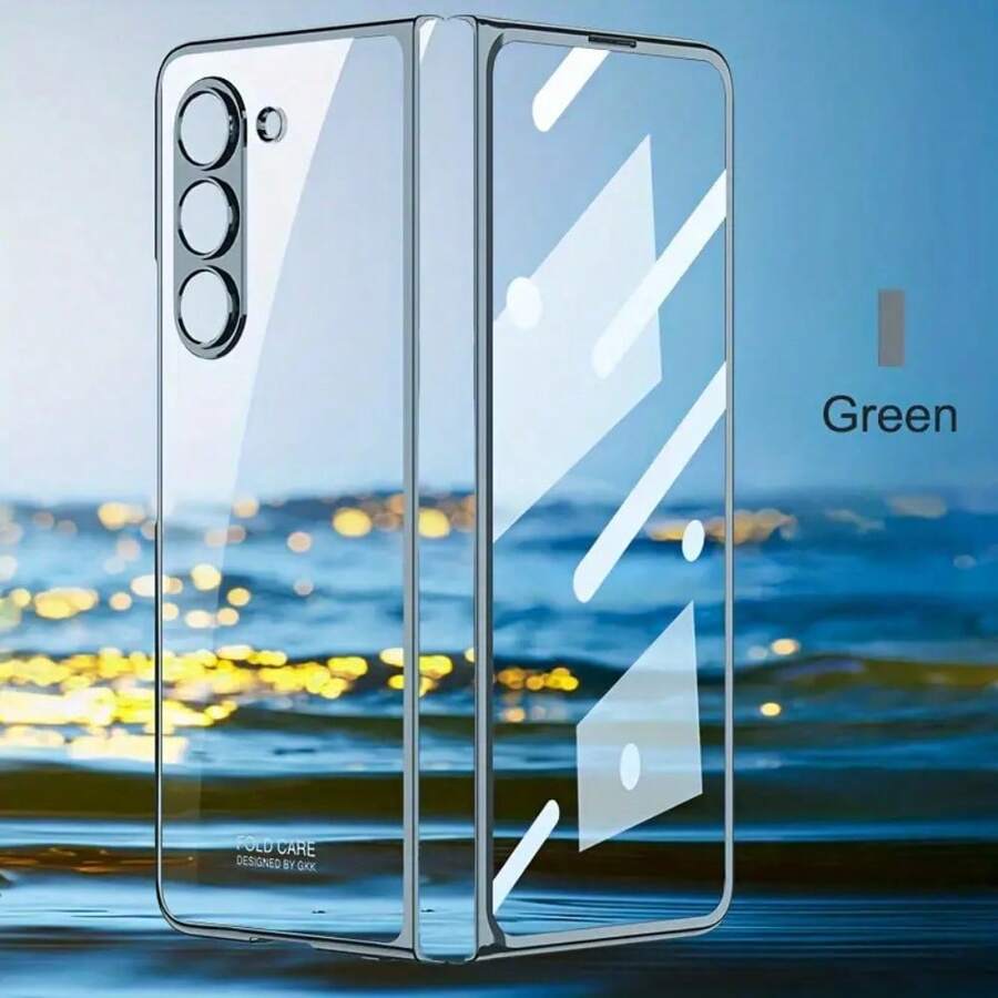 Ultra-Thin Electroplated Transparent Phone Case Compatible With Samsung Galaxy Z Fold 5 With Tempered Film All-Inclusive Seismic Anti-Drop Clear Shell For Fold 5 Cases - Green - View 1