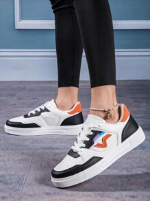 女款低筒拼色皮革運動鞋,適用於春秋季節,透氣防滑 - 黑色 - 查看 5