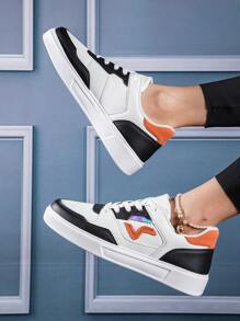 女款低筒拼色皮革運動鞋,適用於春秋季節,透氣防滑 - 黑色 - 查看 3