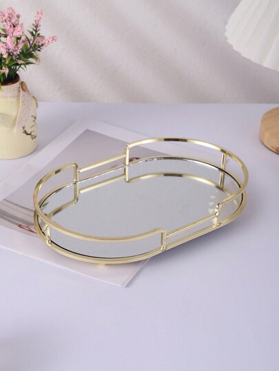 1pc Elliptical Glass Mirror Tray With Iron Gold-Color Edge, European Style Living Room Coffee Table Stylish Luxury Plate For Tea Cup Storage Best Gifts Birthday Plates Kitchen Accessories Kitchen Decor Trays Fruit Tray Tray Decor Graduation