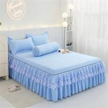 1 tấm váy giường ren thanh lịch, vỏ giường mềm mại và chống bụi màu trơn, dùng cho mọi mùa, kích thước lớn, ga trải giường chống trượt (1 tấm váy giường, không có vỏ gối), trang trí phòng ngủ - màu xanh da trời - Xem 5