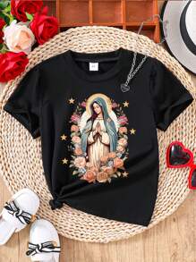 少女聖母瑪利亞印花短袖T恤 - 黑色 - 查看 1
