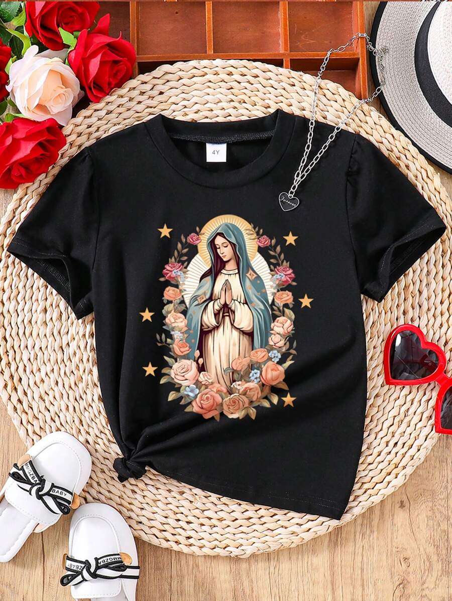 少女聖母瑪利亞印花短袖T恤 - 黑色 - 查看 1