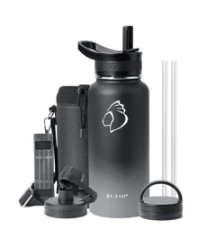 BUZIO Leakproof Insulated Water Bottle With 3 Caps, Double Wall Stainless Steel Modern Simple Thermo Flasks With Carrying Pouch