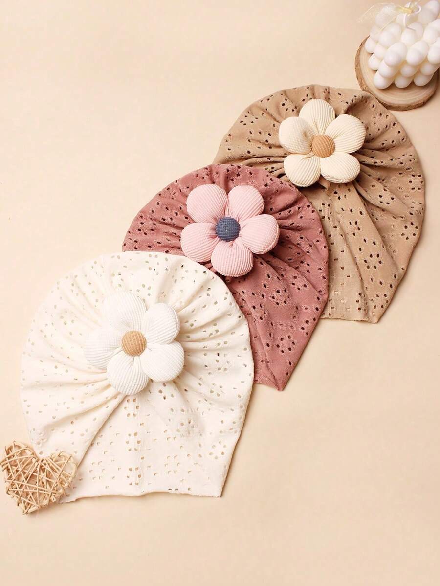 3 件套白色和粉色婴儿纯色时尚金箔印花蝴蝶结和镂空帽子套装适合四季日常佩戴爱情情人节 - 彩色 - 查看 1