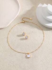 1set Minimalist Geometric Square Pendant Stainless Steel 18k Gold Plated Earring & Necklace Set - Multicolor - View 7