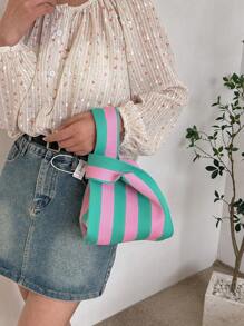 lulu kewen 1个打结钩编手提袋，条纹图案，适合青少年、女性、女孩、学生、上班族，可用于购物、度假、旅行、聚会、工作、户外活动。可存放手机、钥匙、口红、化妆品、硬币、小物件、护肤品和其他个人物品。 - 粉色 - 查看 4