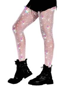 Women's Rhinestone Fishnet Tights Sparkle Fishnet Stockings Carnival Glitter Tights - White - View 4