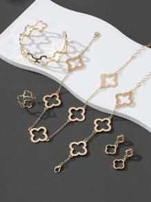 1 bộ dây chuyền, vòng tay, vòng tay nhỏ, nhẫn và hoa tai hình cỏ ba lá may mắn rỗng cho ngày lễ tình nhân - Vàng - Xem 3
