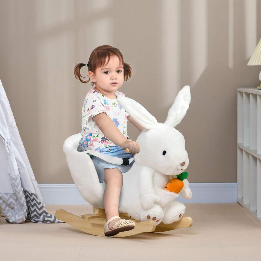 HOMCOM Animale a Dondolo a forma di Coniglio con Suoni, Cavalluccio a Dondolo per Bambini 18-36 Mesi con Cintura, 60x33x50 cm